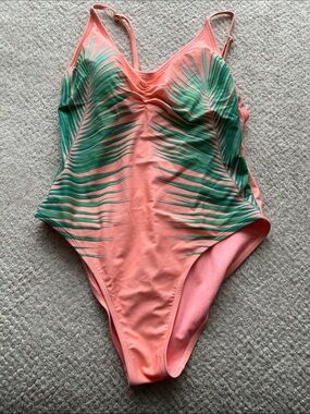 Xhilaration Pink One-Piece Swimsuit with Green Palm Print